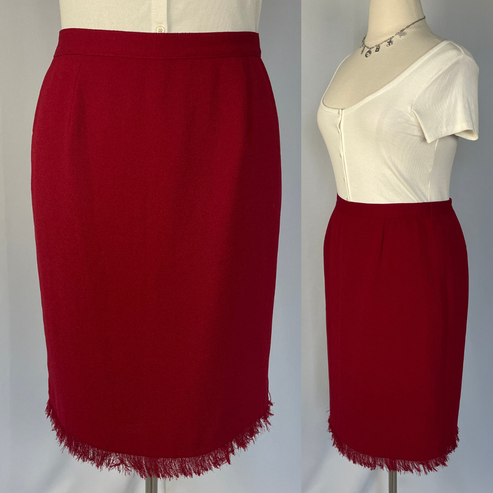 Vintage Pencil Skirt Size 16P 16 Petite Red Solid Fringe Career Office Minimal
